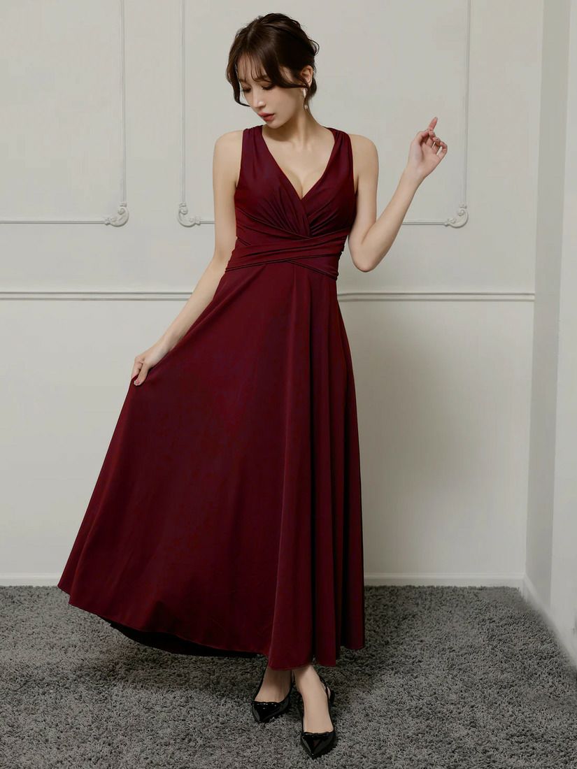 Veautt ヴュート Vカットウエストクロスバックオープンリボンフレアロングドレス vt022525