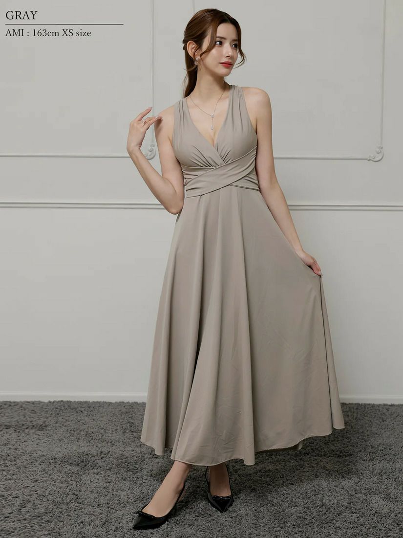 Veautt ヴュート Vカットウエストクロスバックオープンリボンフレアロングドレス vt022525