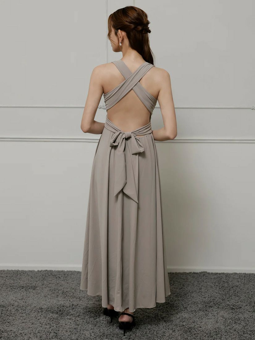 Veautt ヴュート Vカットウエストクロスバックオープンリボンフレアロングドレス vt022525