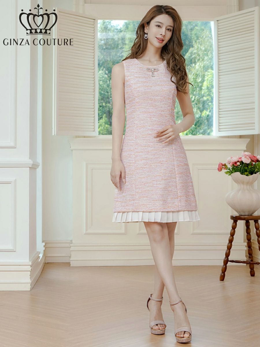 ERUKEI エルケイ ノースリーブ・ビジューブローチ・ツイード・金糸・裾プリーツ・Aライン・ミニドレス・ワンピース ek-c2822