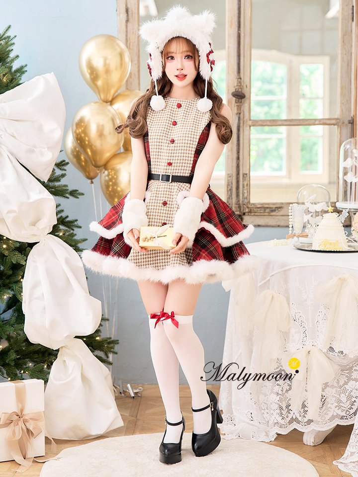 【7点セット】Malymoon マリームーン ミルキーニットダッフルチェックサンタ レッド mlcs25056