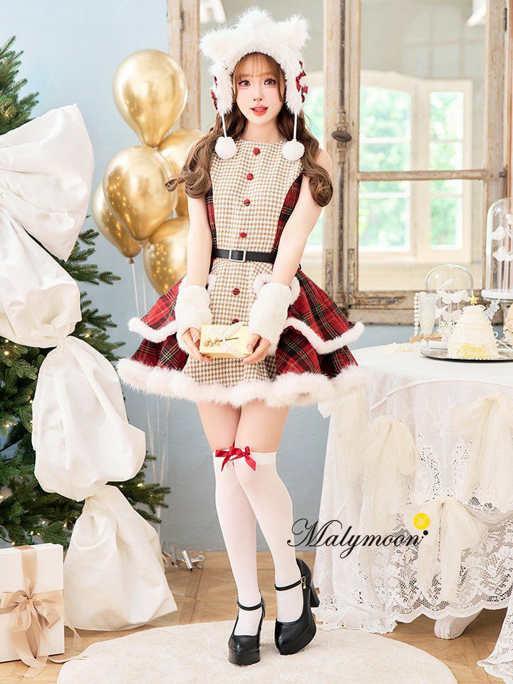 【7点セット】Malymoon マリームーン ミルキーニットダッフルチェックサンタ レッド mlcs25056
