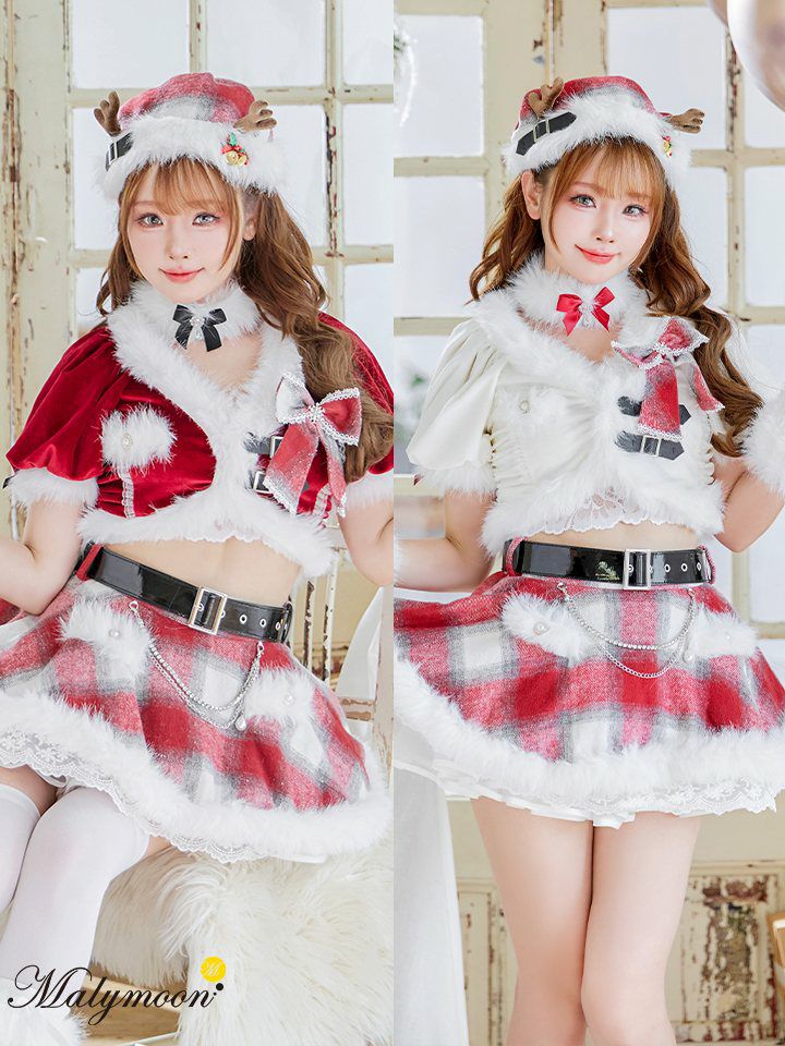 【9点セット】Malymoon マリームーン ロゼチェックビジューライントナカイ サンタ [レッド /ホワイト] mlcs25051