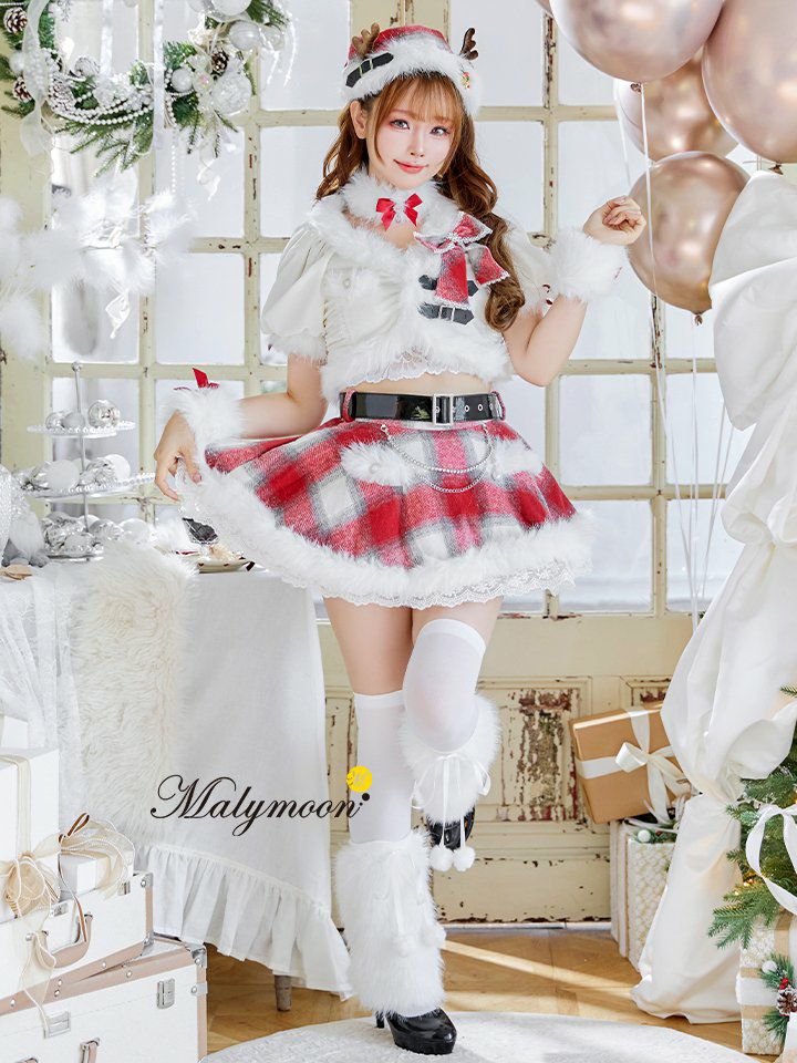 【9点セット】Malymoon マリームーン ロゼチェックビジューライントナカイ サンタ [レッド /ホワイト] mlcs25051