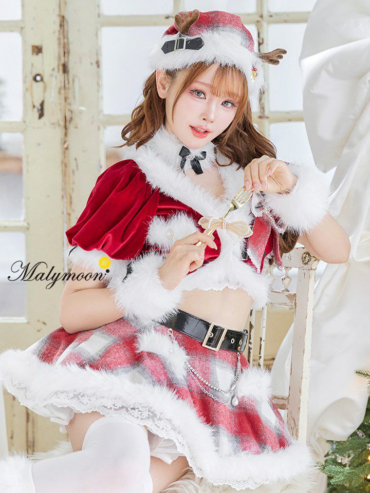 【9点セット】Malymoon マリームーン ロゼチェックビジューライントナカイ サンタ [レッド /ホワイト] mlcs25051