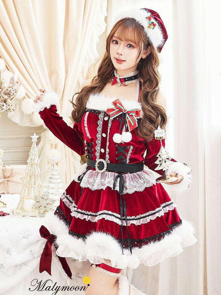 【7点セット】Malymoon マリームーン オフショルダープリンセスラインサンタ レッド mlcs25055