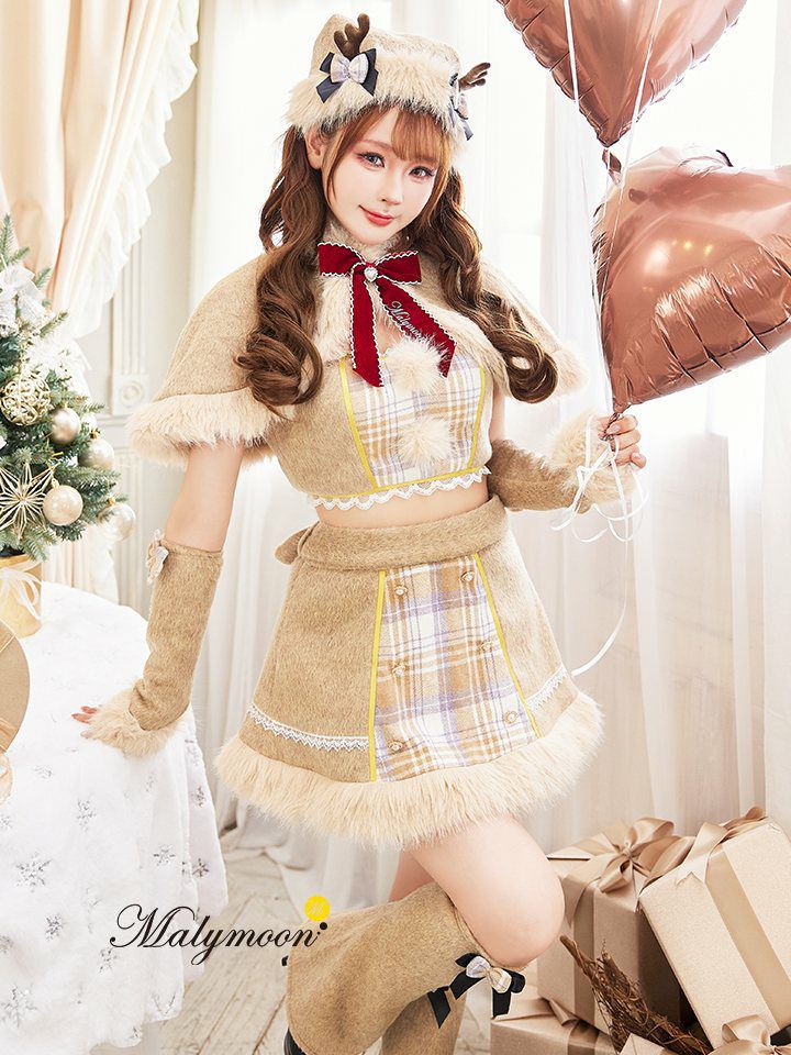 【8点セット】Malymoon マリームーン ラテチェックケープトナカイ サンタ ブラウン mlcs25062