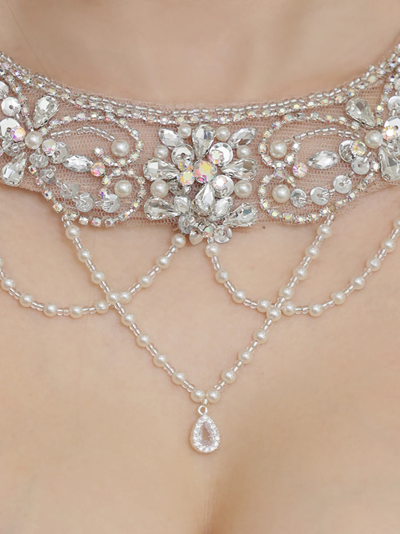 AngelR エンジェルアール ホルターネックパールチェーンVカットメッシュビジューラメタイトミニドレス ar25248