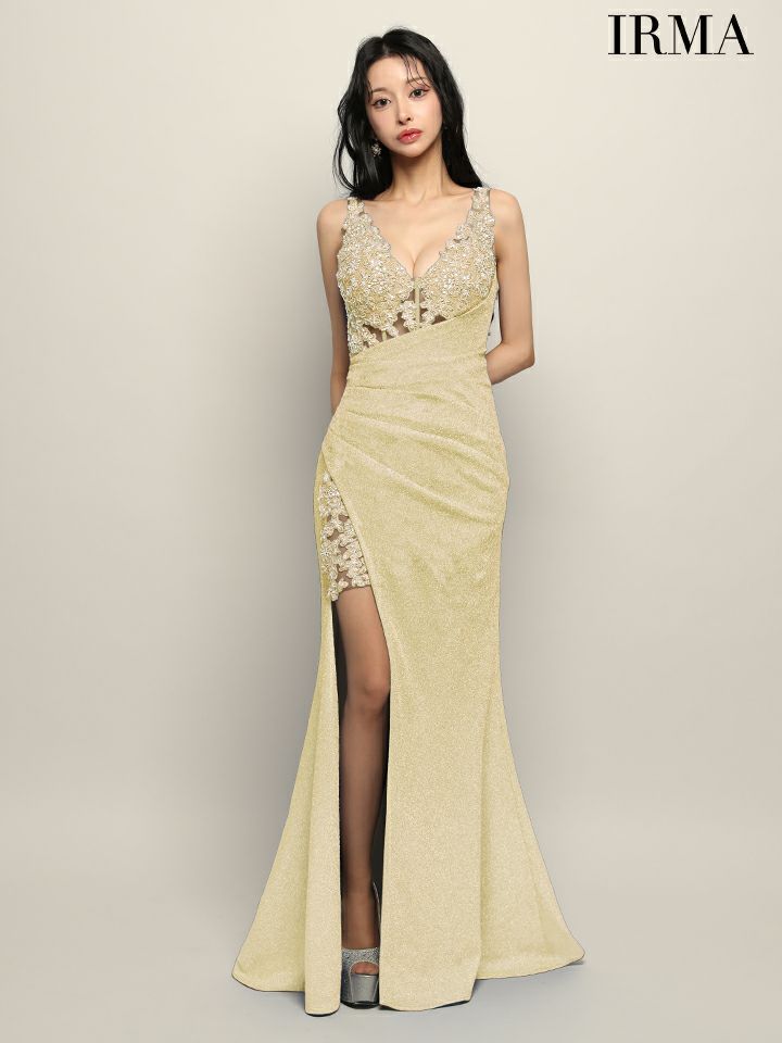 IRMA イルマ ワンカラー/ラメニット/刺繍/メッシュ/サイドシアー/スリット入り/タイト ロングドレス ir51945-c