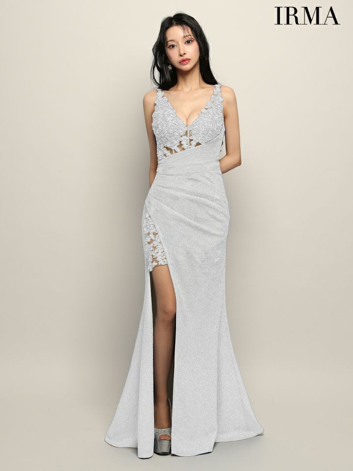 IRMA イルマ ワンカラー/ラメニット/刺繍/メッシュ/サイドシアー/スリット入り/タイト ロングドレス ir51945-c