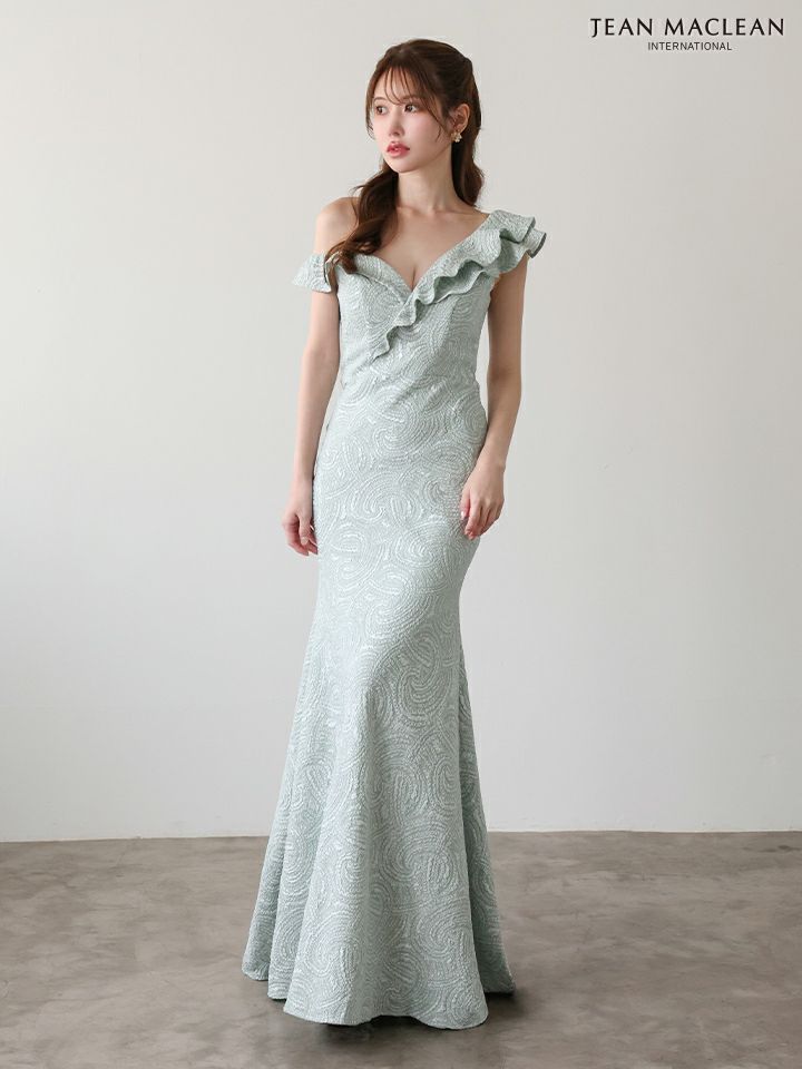 JEAN MACLEAN ジャンマクレーン ジャガード/ワンオフショル/アシンメトリーフリル/マーメイドライン/タイト ロングドレス ja51948-c