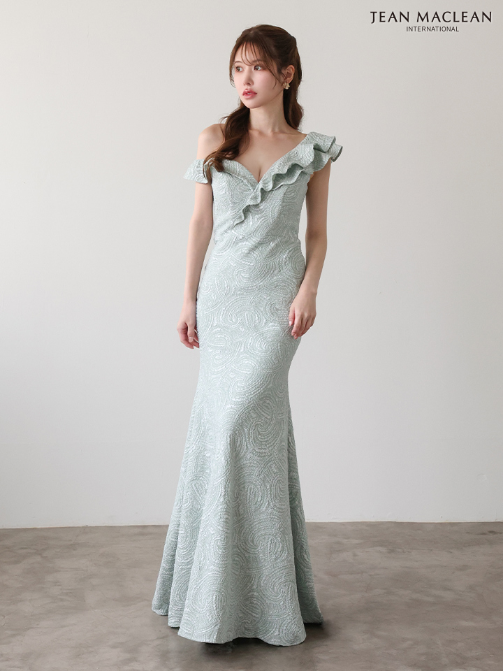 JEAN MACLEAN ジャンマクレーン ジャガード/ワンオフショル/アシンメトリーフリル/マーメイドライン/タイト ロングドレス ja51948-c