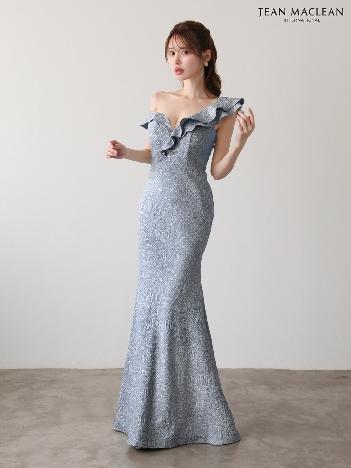 JEAN MACLEAN ジャンマクレーン ジャガード/ワンオフショル/アシンメトリーフリル/マーメイドライン/タイト ロングドレス ja51948-c
