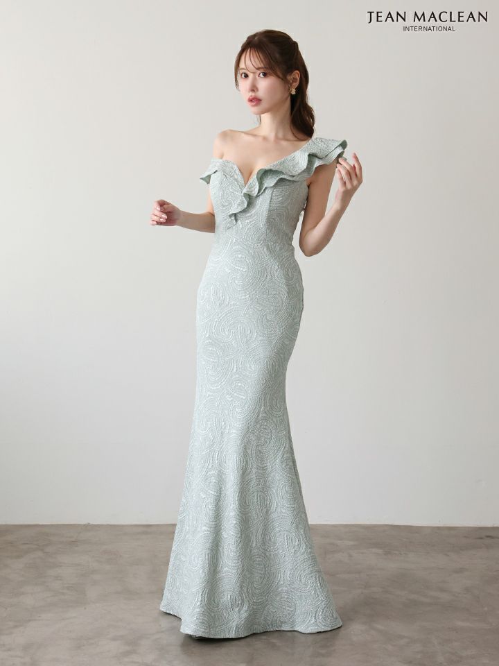 JEAN MACLEAN ジャンマクレーン ジャガード/ワンオフショル/アシンメトリーフリル/マーメイドライン/タイト ロングドレス ja51948-c