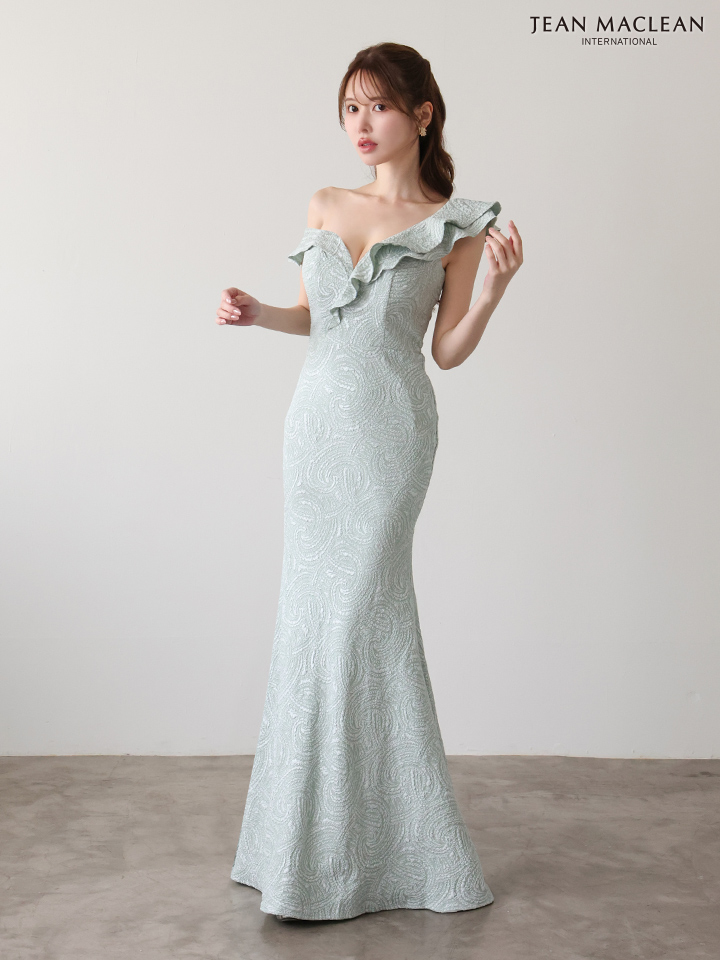 JEAN MACLEAN ジャンマクレーン ジャガード/ワンオフショル/アシンメトリーフリル/マーメイドライン/タイト ロングドレス ja51948-c