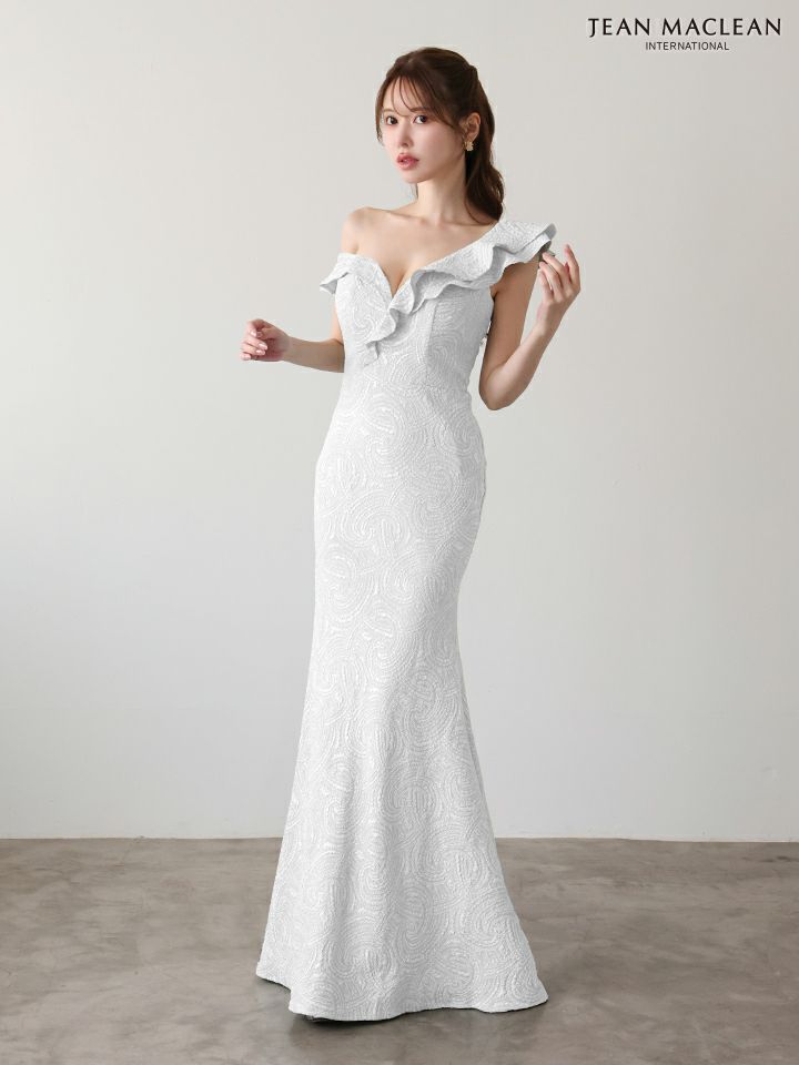 JEAN MACLEAN ジャンマクレーン ジャガード/ワンオフショル/アシンメトリーフリル/マーメイドライン/タイト ロングドレス ja51948-c
