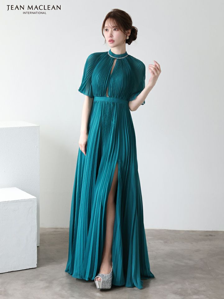JEAN MACLEAN ジャンマクレーン ワンカラー/半袖/フロントカットアウト/プリーツ/Aライン/ロングドレス ja51951-c