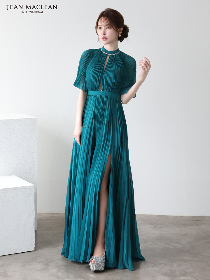 JEAN MACLEAN ジャンマクレーン ワンカラー/半袖/フロントカットアウト/プリーツ/Aライン/ロングドレス ja51951-c
