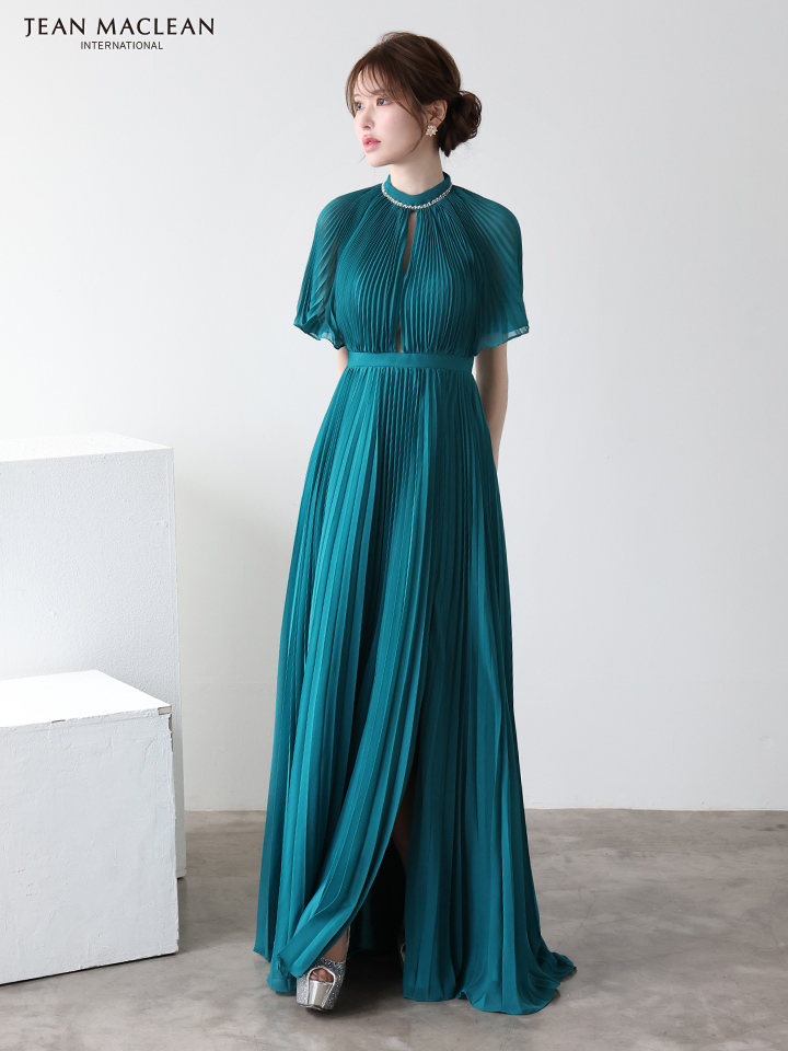 JEAN MACLEAN ジャンマクレーン ワンカラー/半袖/フロントカットアウト/プリーツ/Aライン/ロングドレス ja51951-c