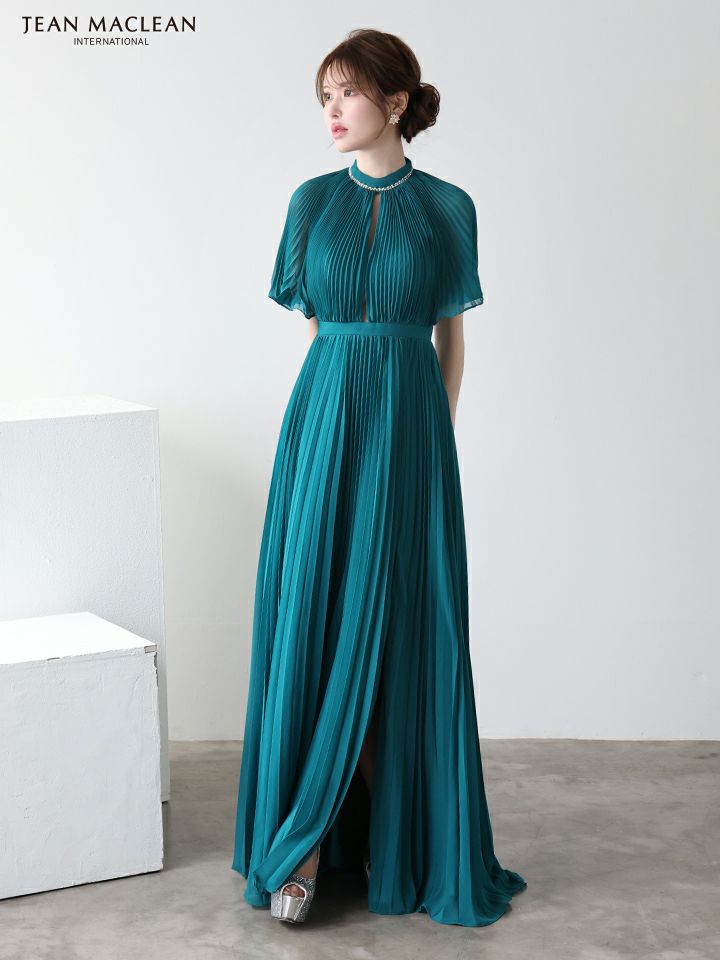 JEAN MACLEAN ジャンマクレーン ワンカラー/半袖/フロントカットアウト/プリーツ/Aライン/ロングドレス ja51951-c