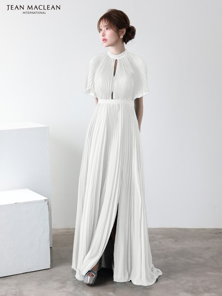 JEAN MACLEAN ジャンマクレーン ワンカラー/半袖/フロントカットアウト/プリーツ/Aライン/ロングドレス ja51951-c