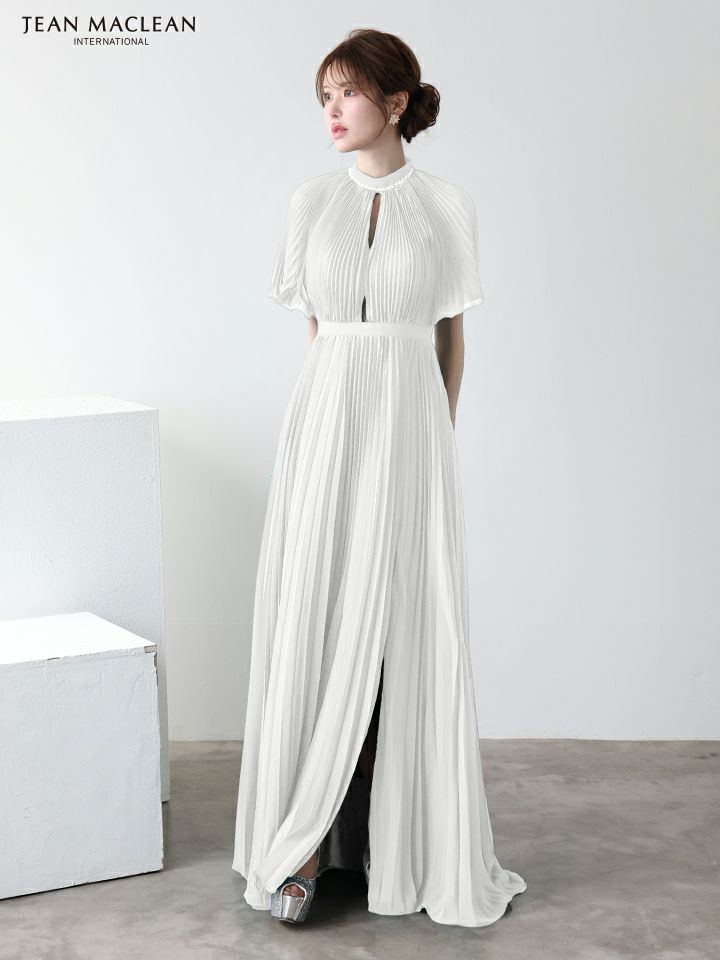 JEAN MACLEAN ジャンマクレーン ワンカラー/半袖/フロントカットアウト/プリーツ/Aライン/ロングドレス ja51951-c