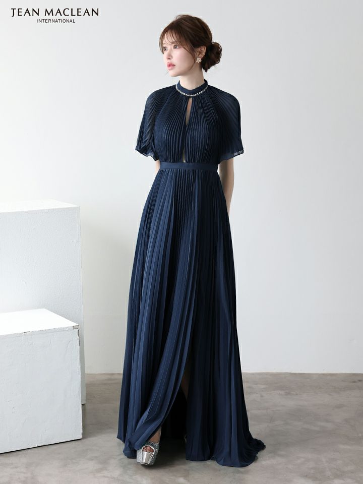 JEAN MACLEAN ジャンマクレーン ワンカラー/半袖/フロントカットアウト/プリーツ/Aライン/ロングドレス ja51951-c