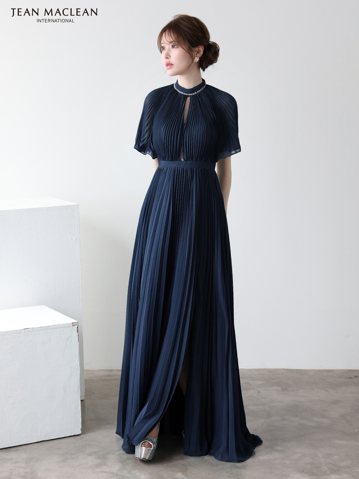 JEAN MACLEAN ジャンマクレーン ワンカラー/半袖/フロントカットアウト/プリーツ/Aライン/ロングドレス ja51951-c