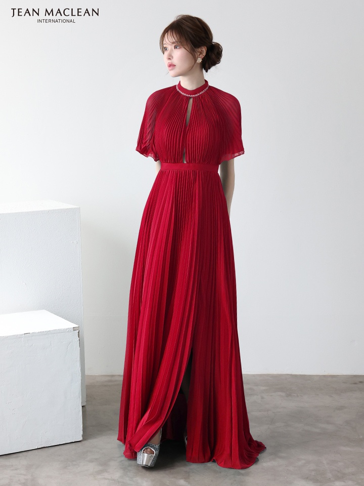 JEAN MACLEAN ジャンマクレーン ワンカラー/半袖/フロントカットアウト/プリーツ/Aライン/ロングドレス ja51951-c
