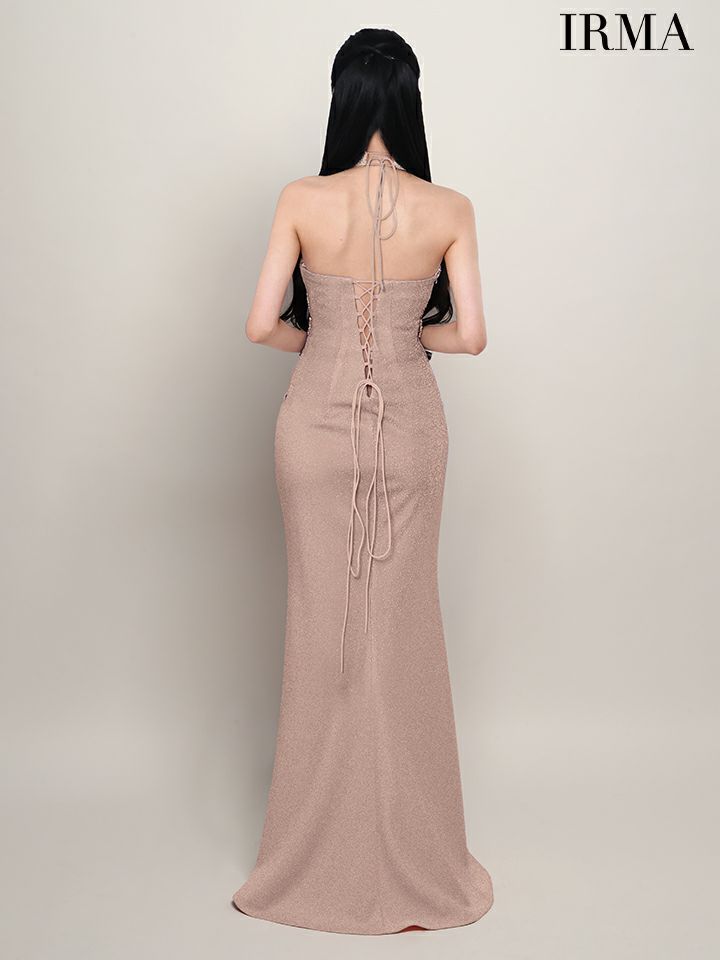 IRMA イルマ ホルターネックビジュー/ラメニット/カットアウト/スリット入り/タイト ロングドレス ir51944-c