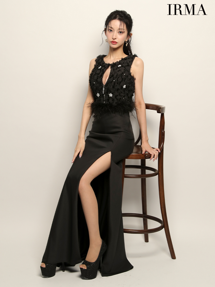 IRMA イルマ フリンジ/クリスタルビジュー/ウエストファー/フロントジップ/スリット入り/セットアップ/タイト ロングドレス ir51946-c