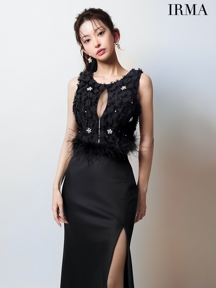 IRMA イルマ フリンジ/クリスタルビジュー/ウエストファー/フロントジップ/スリット入り/セットアップ/タイト ロングドレス ir51946-c