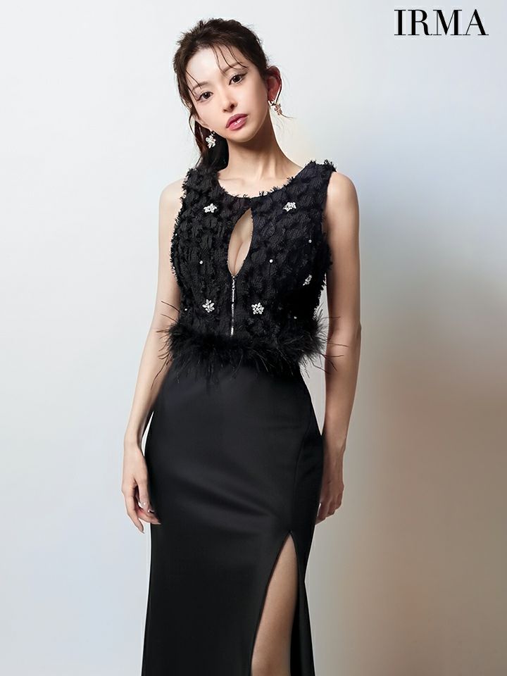 IRMA イルマ フリンジ/クリスタルビジュー/ウエストファー/フロントジップ/スリット入り/セットアップ/タイト ロングドレス ir51946-c