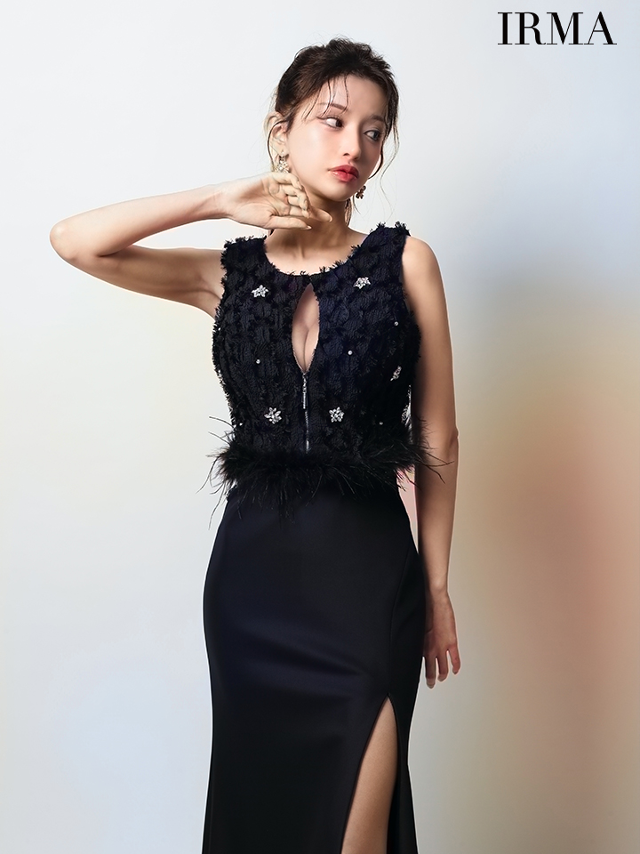 IRMA イルマ フリンジ/クリスタルビジュー/ウエストファー/フロントジップ/スリット入り/セットアップ/タイト ロングドレス ir51946-c