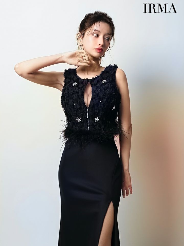 IRMA イルマ フリンジ/クリスタルビジュー/ウエストファー/フロントジップ/スリット入り/セットアップ/タイト ロングドレス ir51946-c