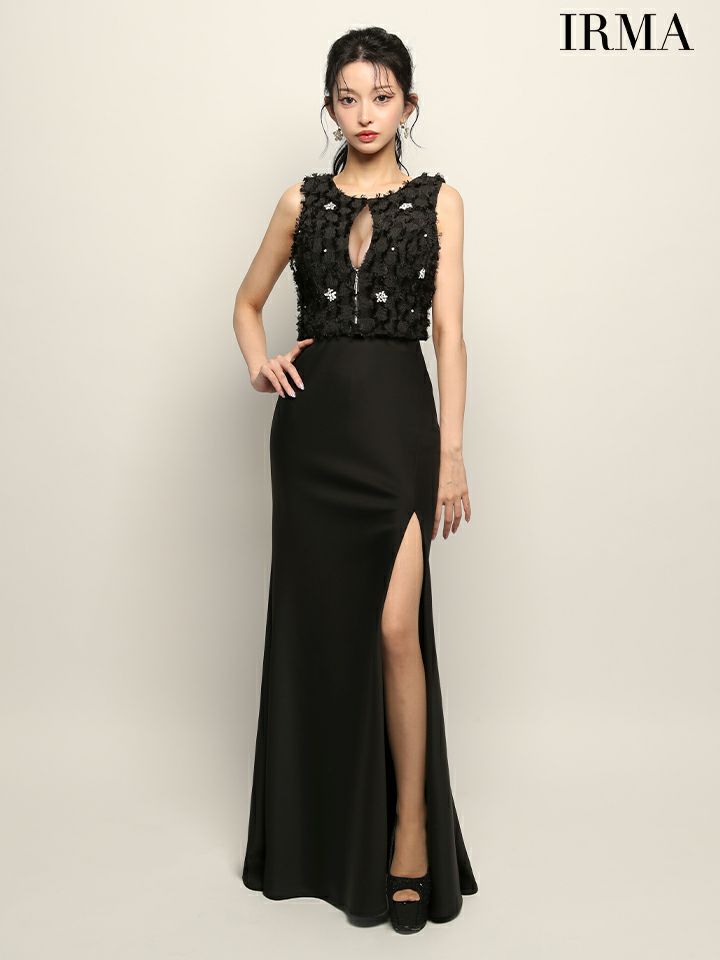 IRMA イルマ フリンジ/クリスタルビジュー/ウエストファー/フロントジップ/スリット入り/セットアップ/タイト ロングドレス ir51946-c