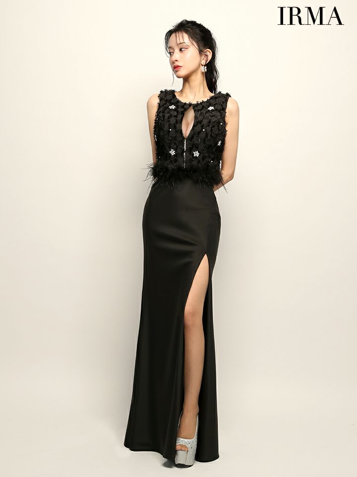 IRMA イルマ フリンジ/クリスタルビジュー/ウエストファー/フロントジップ/スリット入り/セットアップ/タイト ロングドレス ir51946-c