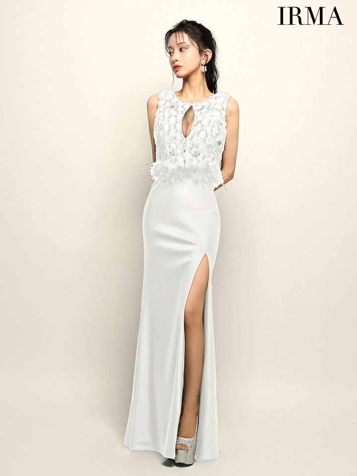 IRMA イルマ フリンジ/クリスタルビジュー/ウエストファー/フロントジップ/スリット入り/セットアップ/タイト ロングドレス ir51946-c