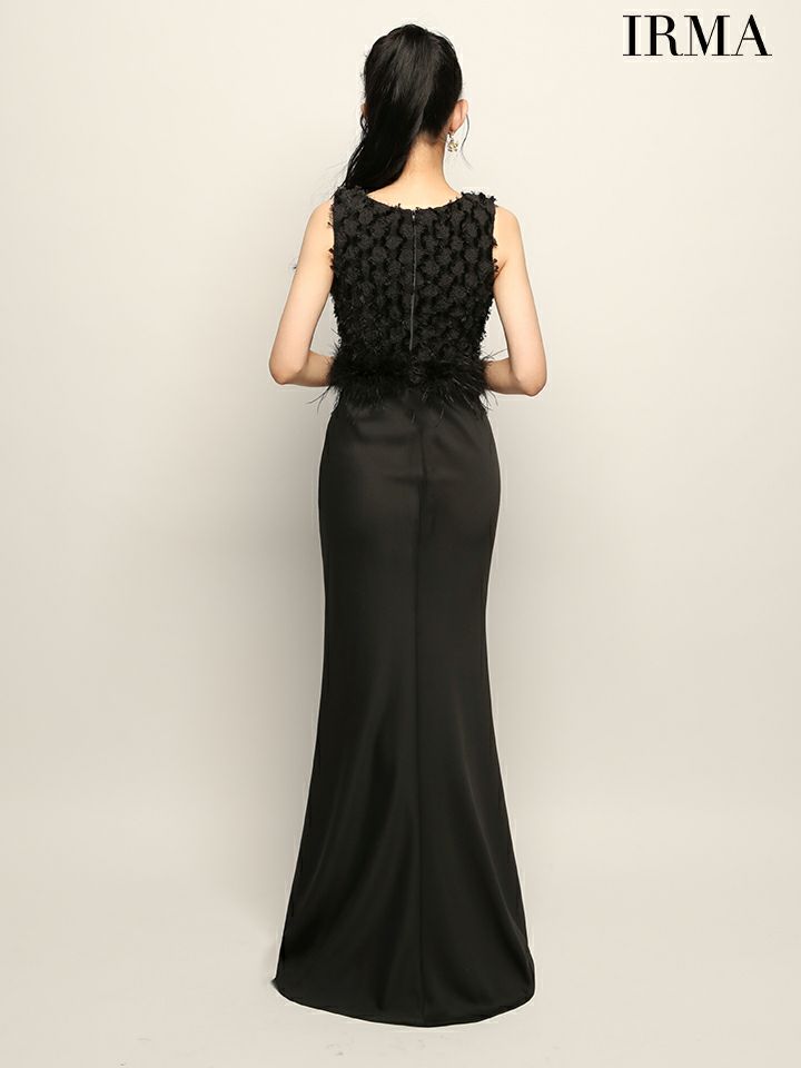 IRMA イルマ フリンジ/クリスタルビジュー/ウエストファー/フロントジップ/スリット入り/セットアップ/タイト ロングドレス ir51946-c