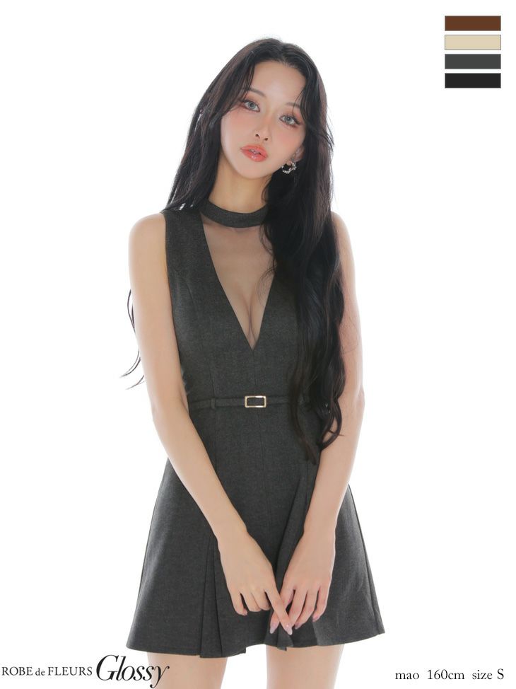 Glossy ローブドフルールグロッシー 【XSサイズあり】チュールメルトンホルターベルトミニキャバドレス gl3957