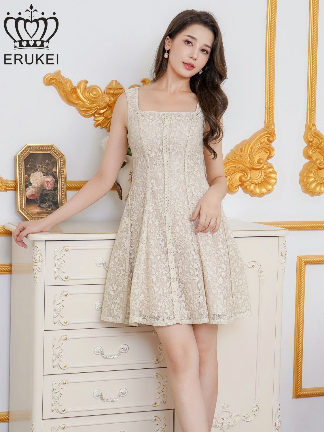 ERUKEI エルケイ ベージュ・総レース・金糸・レザー・レースアップ・ノースリーブ・切替・Aライン・ミニドレス・ワンピース ek-e25124