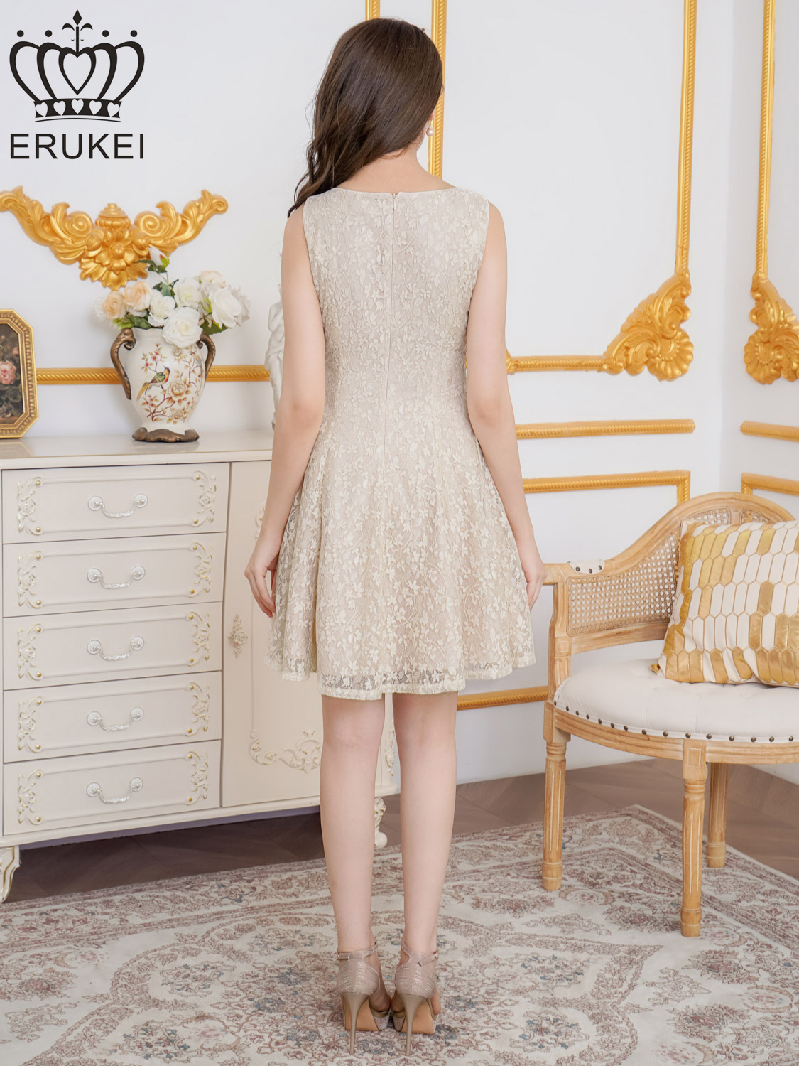 ERUKEI エルケイ ベージュ・総レース・金糸・レザー・レースアップ・ノースリーブ・切替・Aライン・ミニドレス・ワンピース ek-e25124