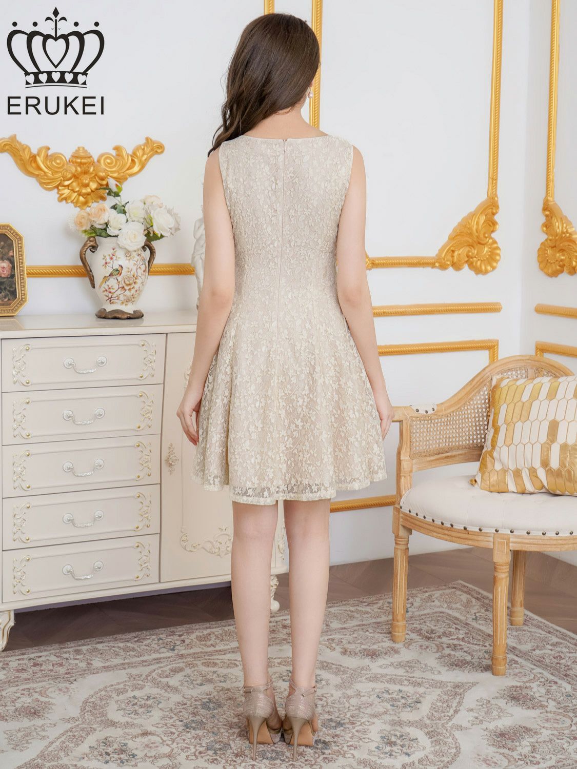 ERUKEI エルケイ ベージュ・総レース・金糸・レザー・レースアップ・ノースリーブ・切替・Aライン・ミニドレス・ワンピース ek-e25124