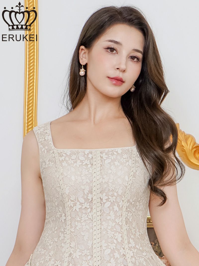 ERUKEI エルケイ ベージュ・総レース・金糸・レザー・レースアップ・ノースリーブ・切替・Aライン・ミニドレス・ワンピース ek-e25124