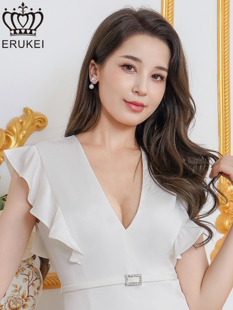 ERUKEI エルケイ ワンカラー・サテン・シンプル・Vネック・フリルスリーブ・ビジュー・ウエストマーク・タイト・ミニドレス・ワンピース ek-e25172