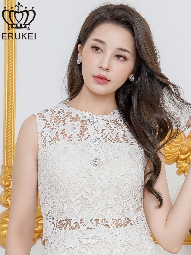 ERUKEI エルケイ ホワイト・総レース・ケミカルレース・ビジューボタン・ノースリーブ・タイト・ミニドレス・ワンピース ek-e25162