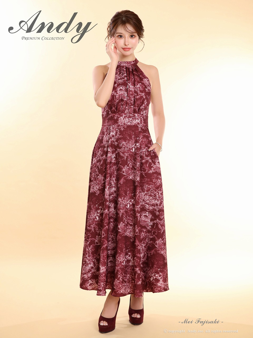 Andy アンディ ボタニカル花柄 ホルターネック バストカットアウト フレア ミモレ丈 ミディアムドレス an-on3016