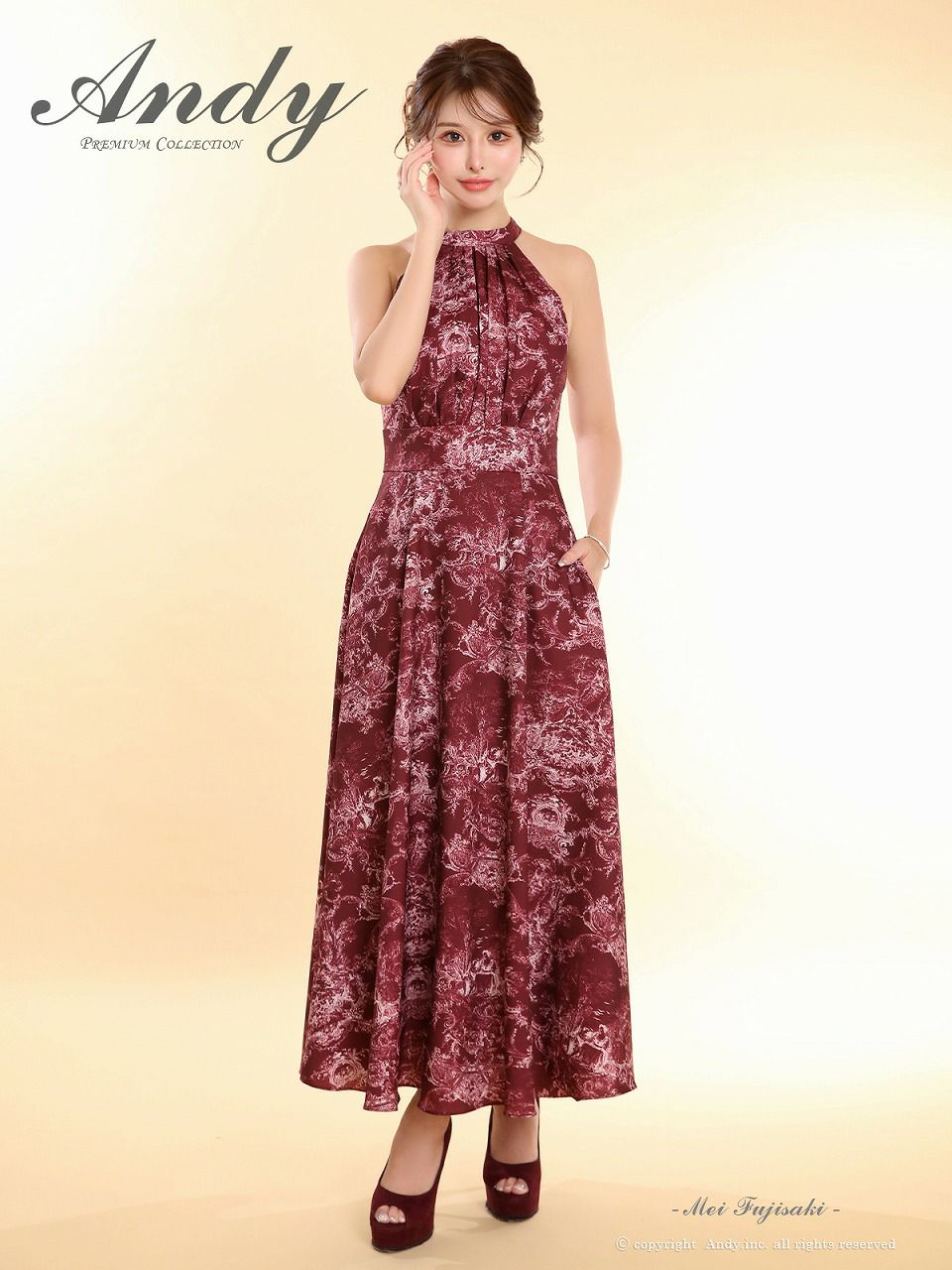 Andy アンディ ボタニカル花柄 ホルターネック バストカットアウト フレア ミモレ丈 ミディアムドレス an-on3016