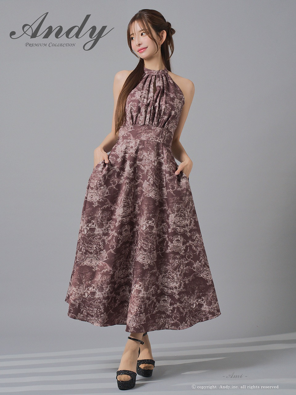 Andy アンディ ボタニカル花柄 ホルターネック バストカットアウト フレア ミモレ丈 ミディアムドレス an-on3016
