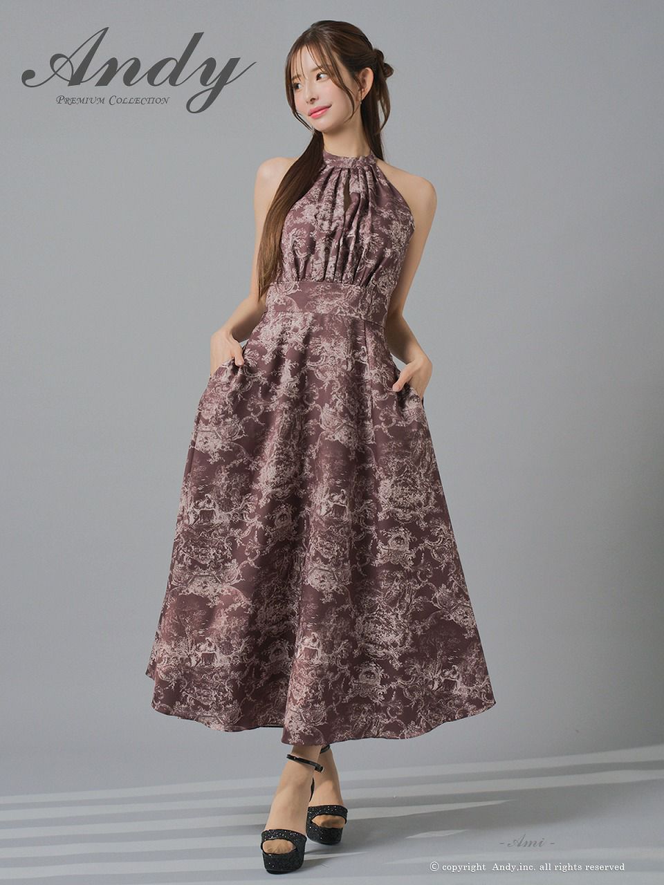 Andy アンディ ボタニカル花柄 ホルターネック バストカットアウト フレア ミモレ丈 ミディアムドレス an-on3016
